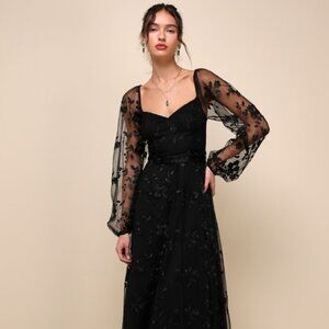 Lulus Darling Charisma Black Mesh Embroidered Midi Dress - Size S